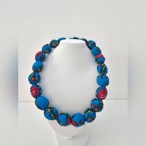 Authentic Polish Folk Art Fabric Covered Bead Necklace Blue Floral Choker
